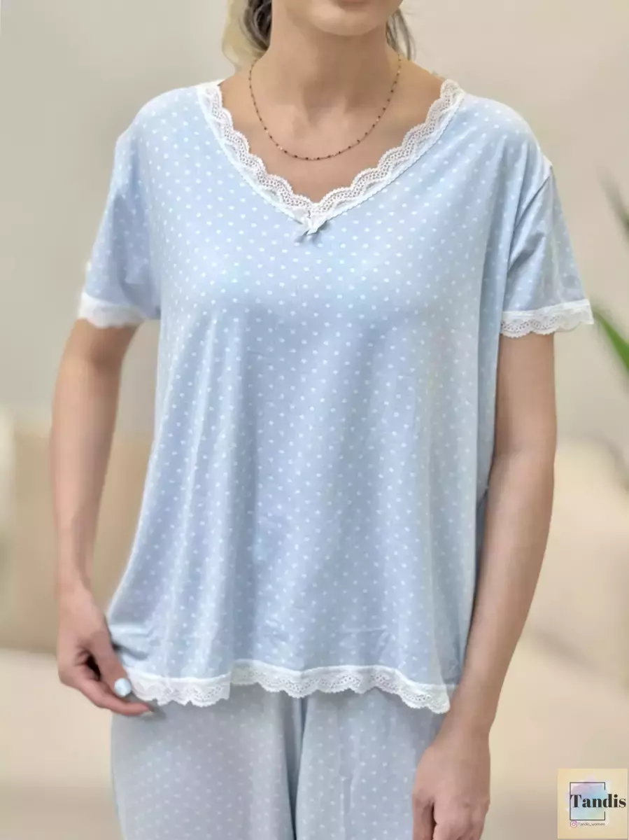 ست تیشرت شلوارک آبی خال دار