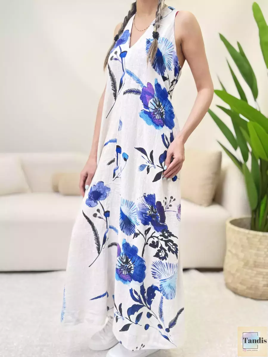 پیراهن لینن طرحدار پشت دکمه