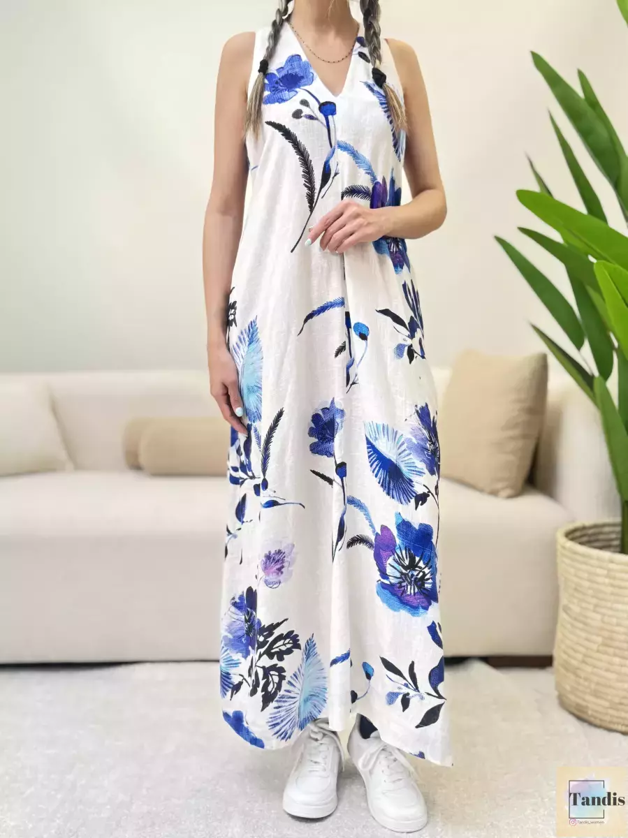 پیراهن لینن طرحدار پشت دکمه