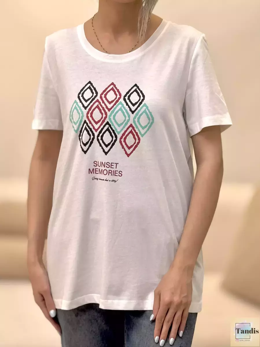 تیشرت طرح لوزی (سفید-سبز آبی)