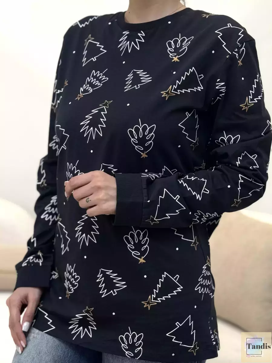 تیشرت آستین بلند سرمه ای طرحدار