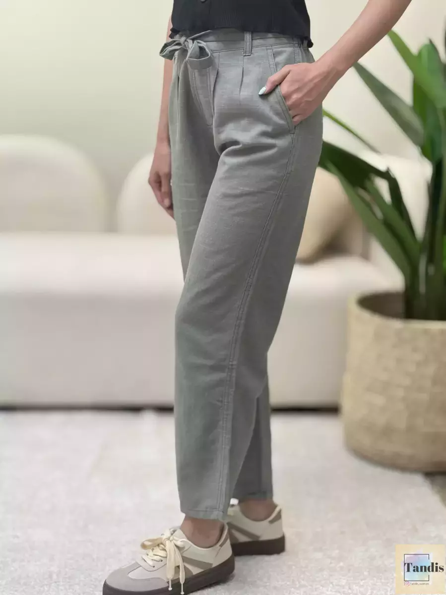 شلوار لینن سبز کمربنددار