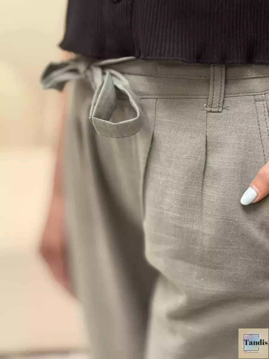 شلوار لینن سبز کمربنددار