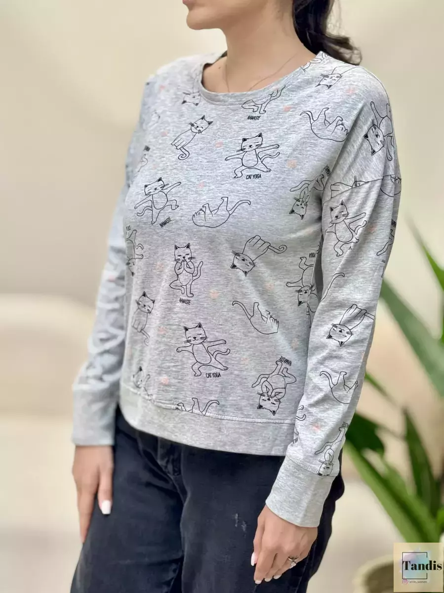 تیشرت آستین بلند طوسی طرح گربه
