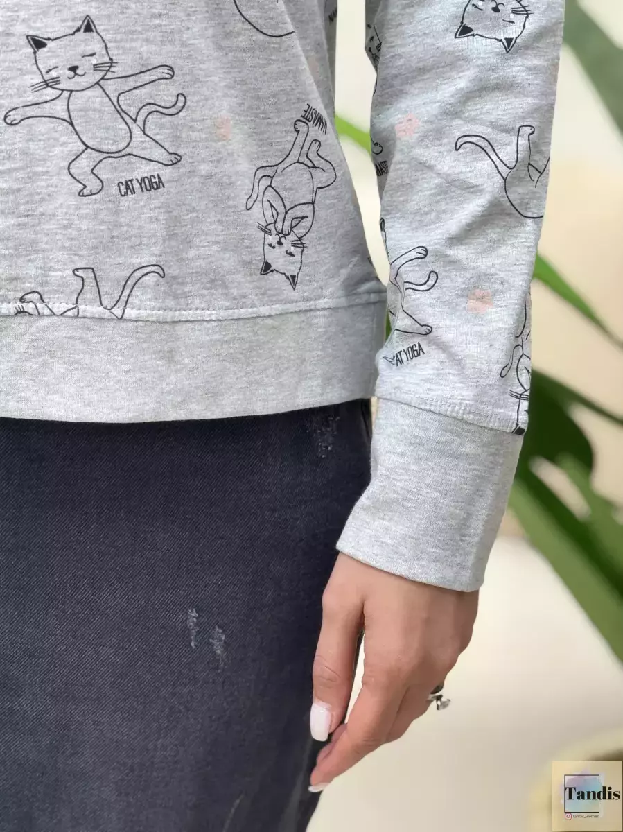 تیشرت آستین بلند طوسی طرح گربه