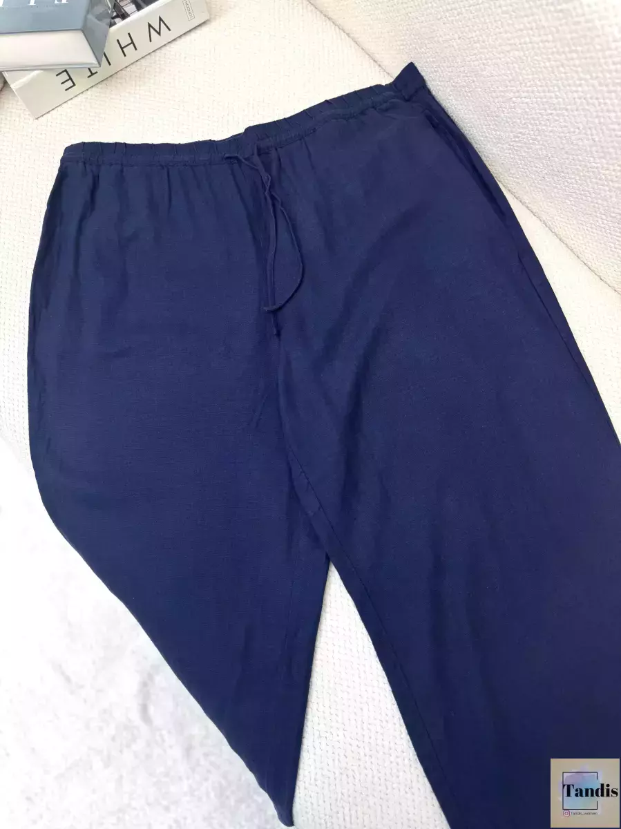 شلوار لینن سرمه ای بنددار