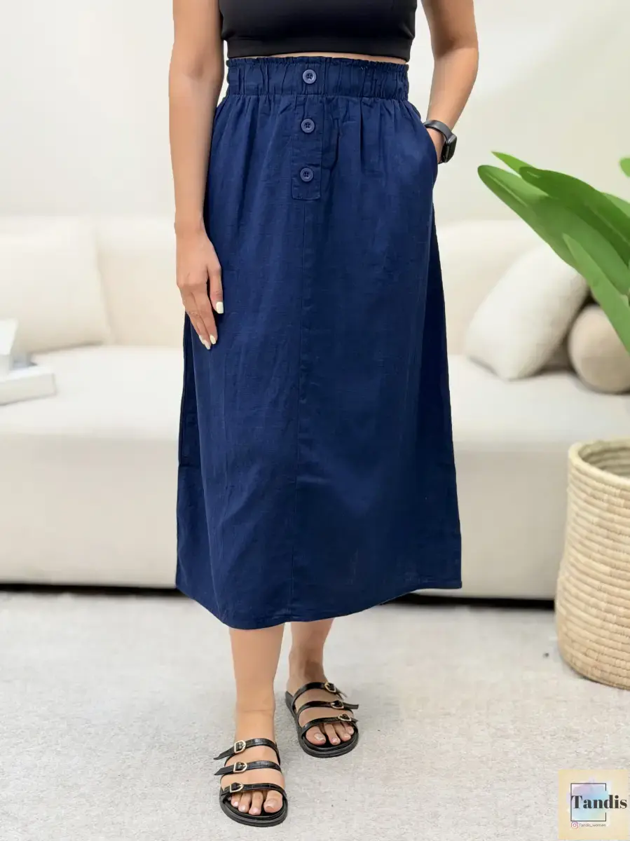 دامن لینن سرمه ای و کرم H&M